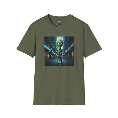 Military green Unisex t-shirt alien playing saxophone in city night