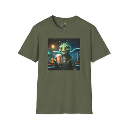 Military green Unisex alien woman t-shirt with Beer at the pub