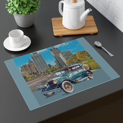 Teal Buick Doctor Coupe parked with the Detroit skyline in the background on a cotton placemat.