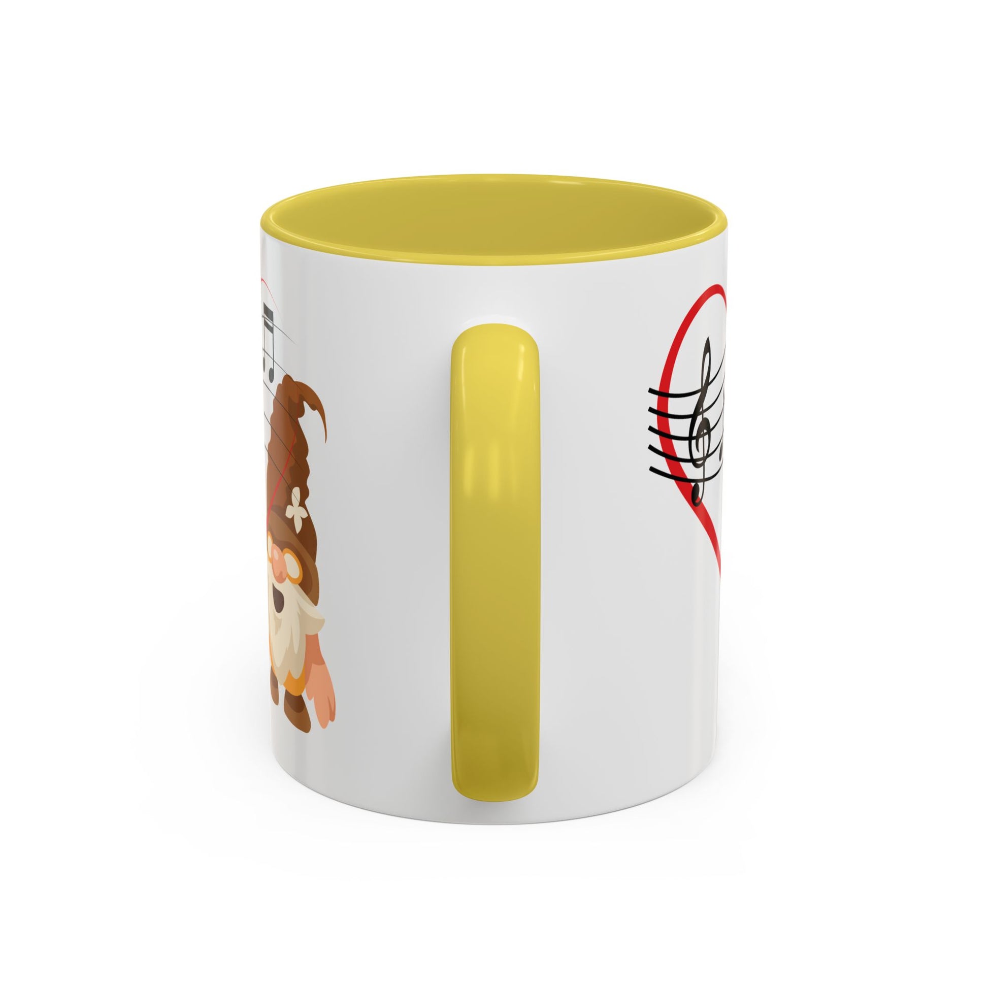 Melodious gnome heartbeat yellow mug next to a pair of professional headphones