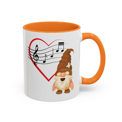 Orange Mug with a cartoon gnome and musical notes 