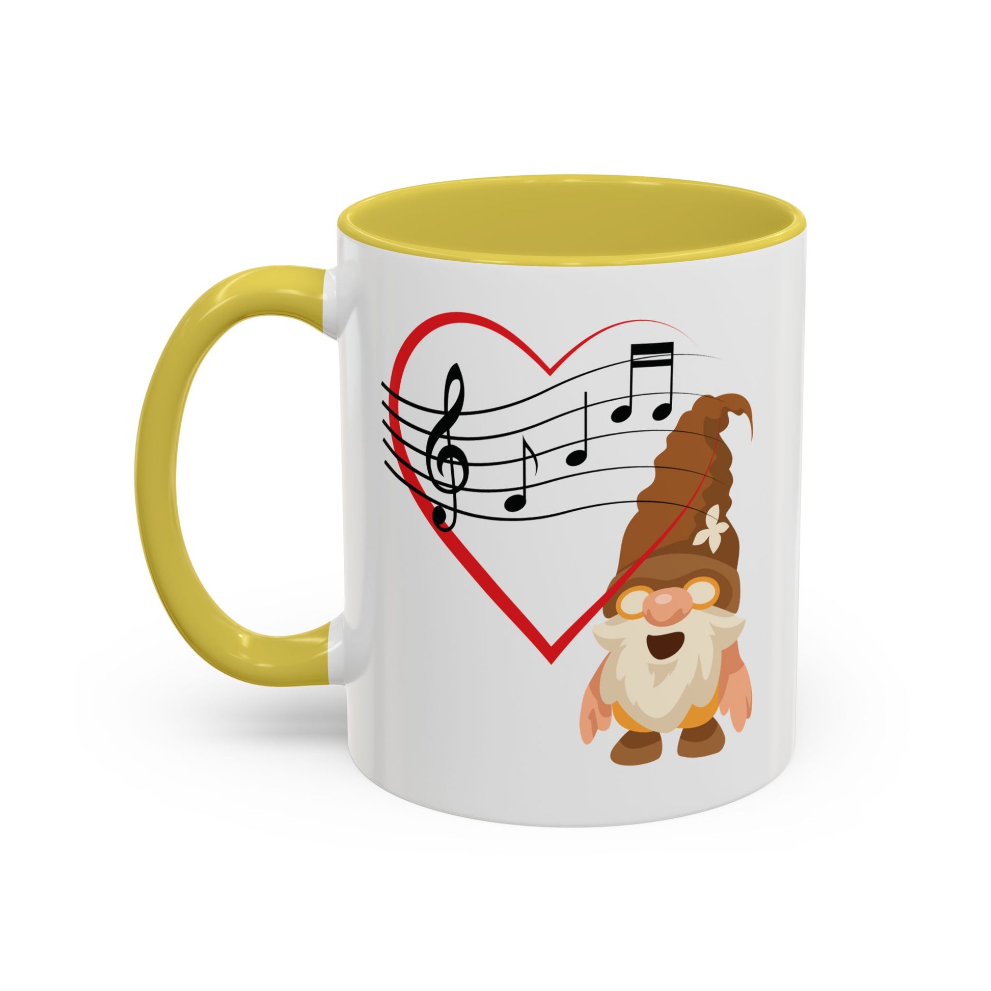 Melodious gnome heartbeat yellow mug next to a pair of professional headphones