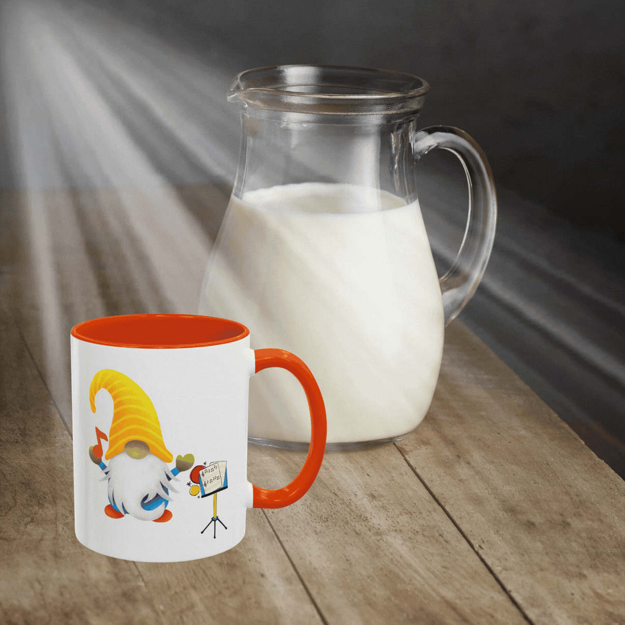 Animated view displaying vibrant interior colors and matching C-handles for the musical maestro gnome ceramic coffee mug