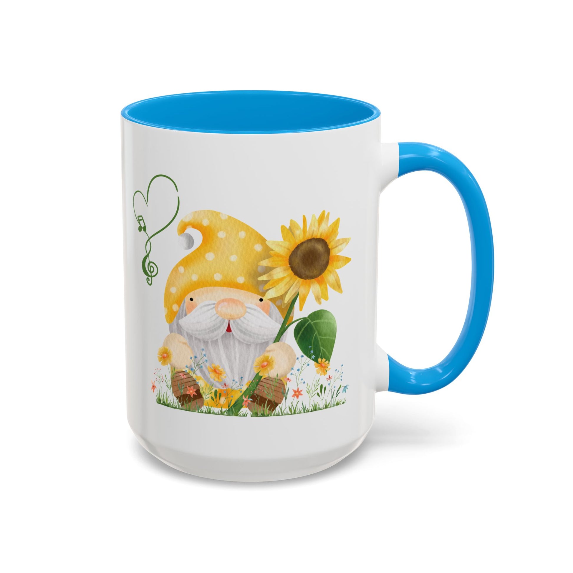Mystical gnome sunflower light blue mug on a wooden porch with garden views