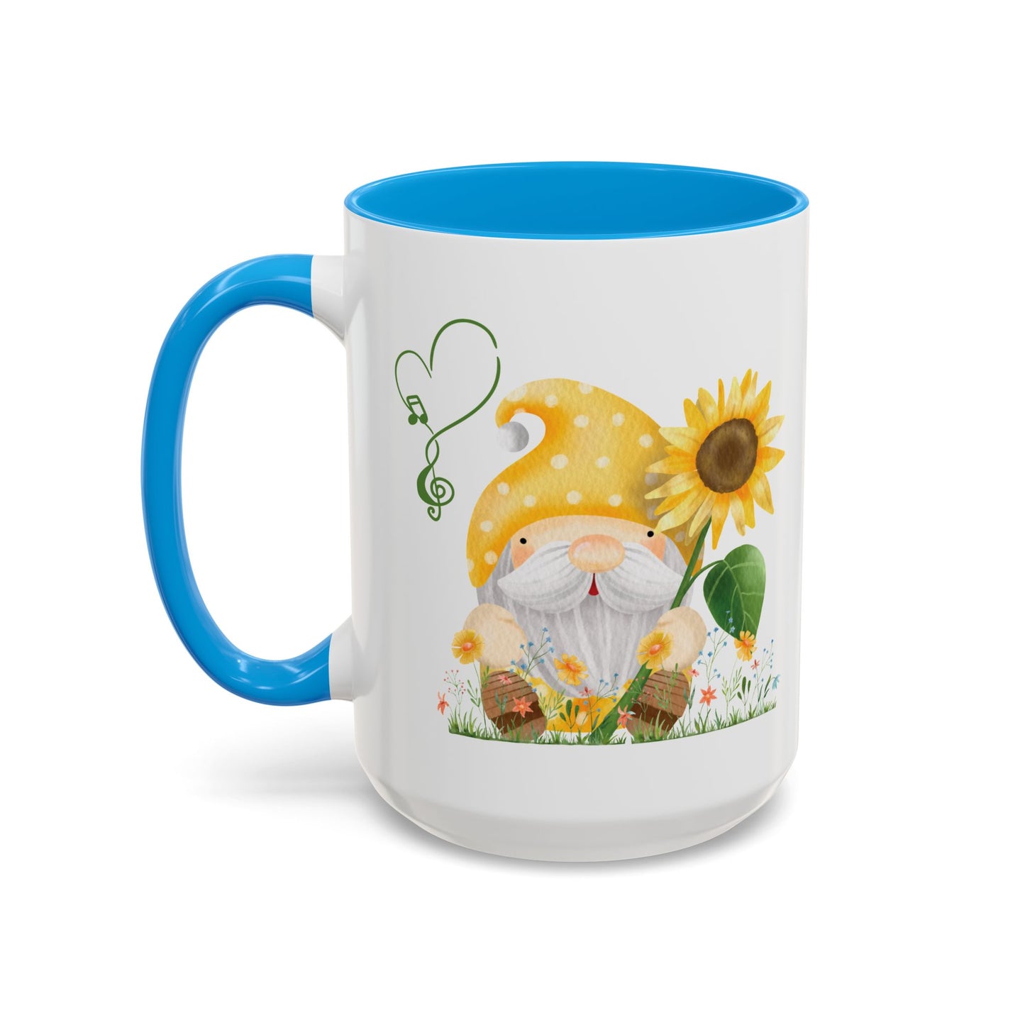 Mystical gnome sunflower mug on a wooden porch with garden views