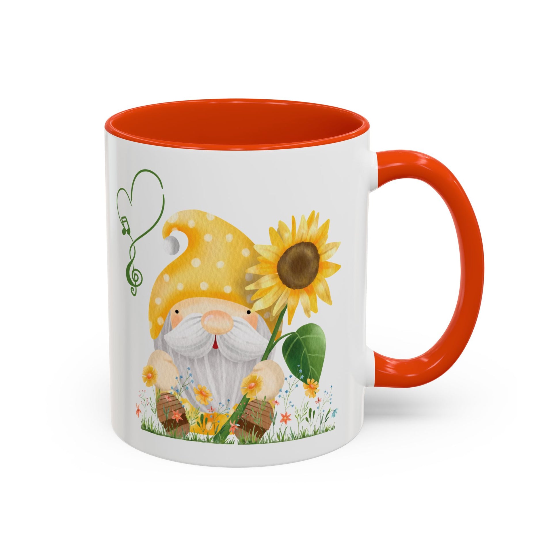 Mystical gnome sunflower orange mug on a wooden porch with garden views