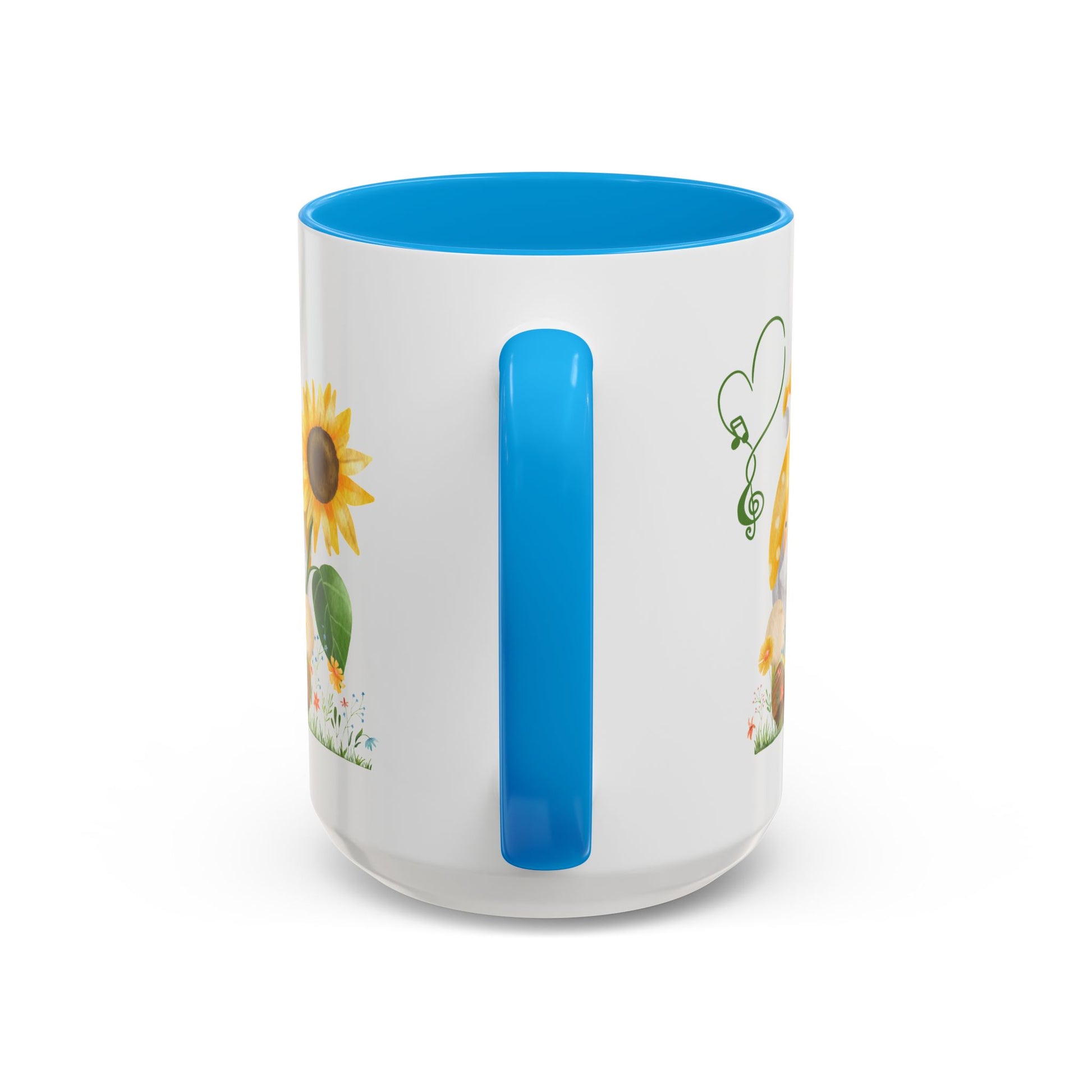 Mystical gnome sunflower mug on a wooden porch with garden views