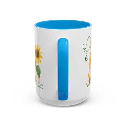 Mystical gnome sunflower mug on a wooden porch with garden views