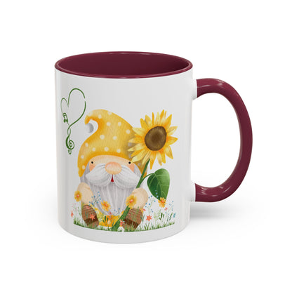Mystical gnome sunflower purple mug on a wooden porch with garden views