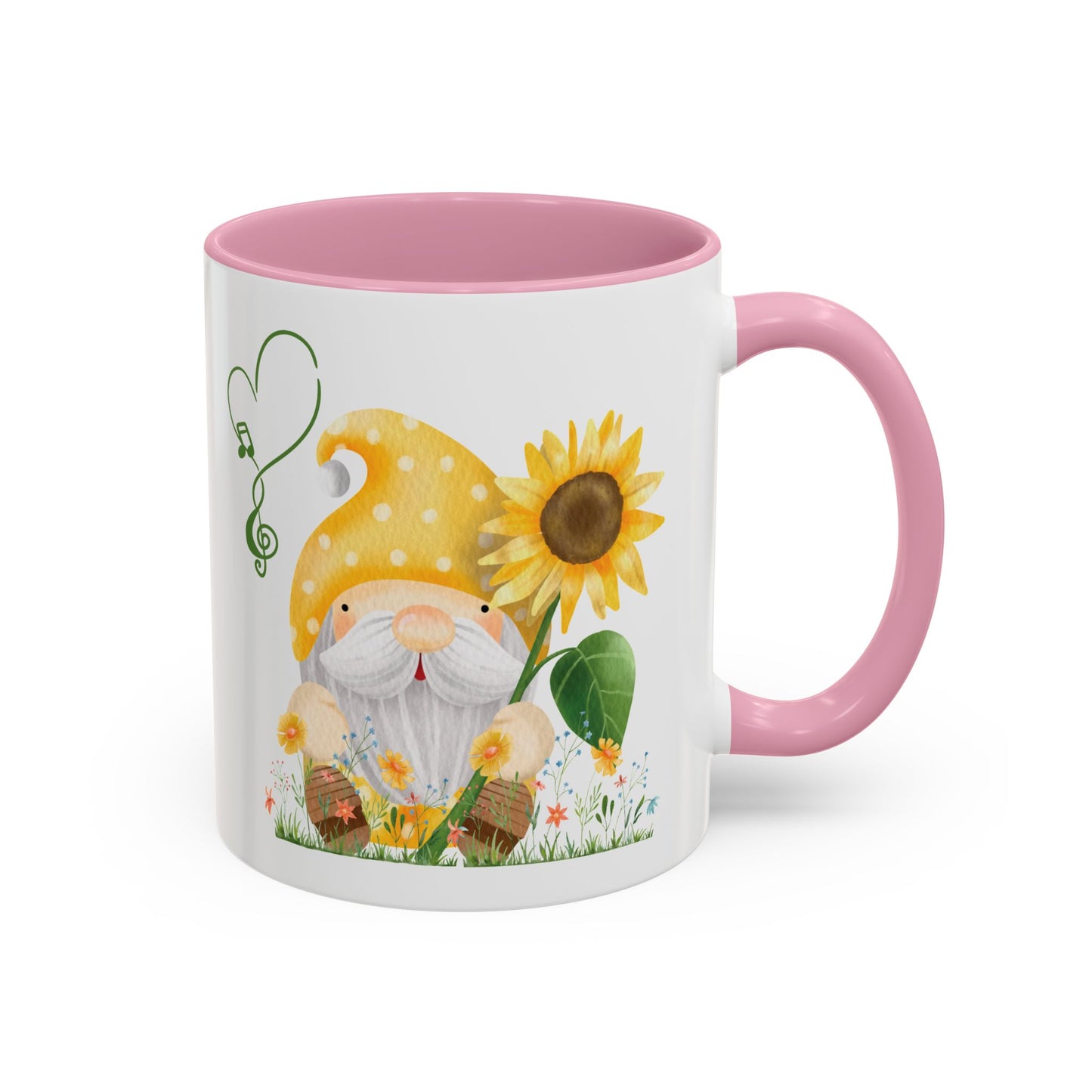 Mystical gnome sunflower violet mug on a wooden porch with garden views