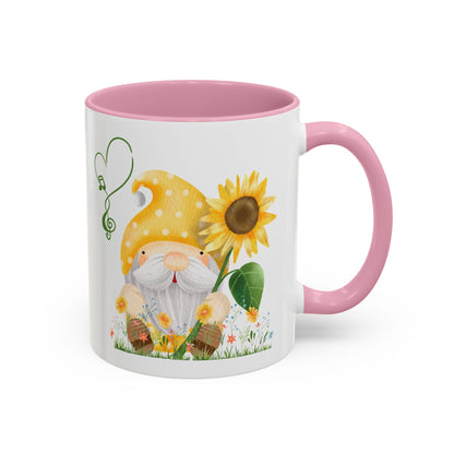 Mystical gnome sunflower violet mug on a wooden porch with garden views