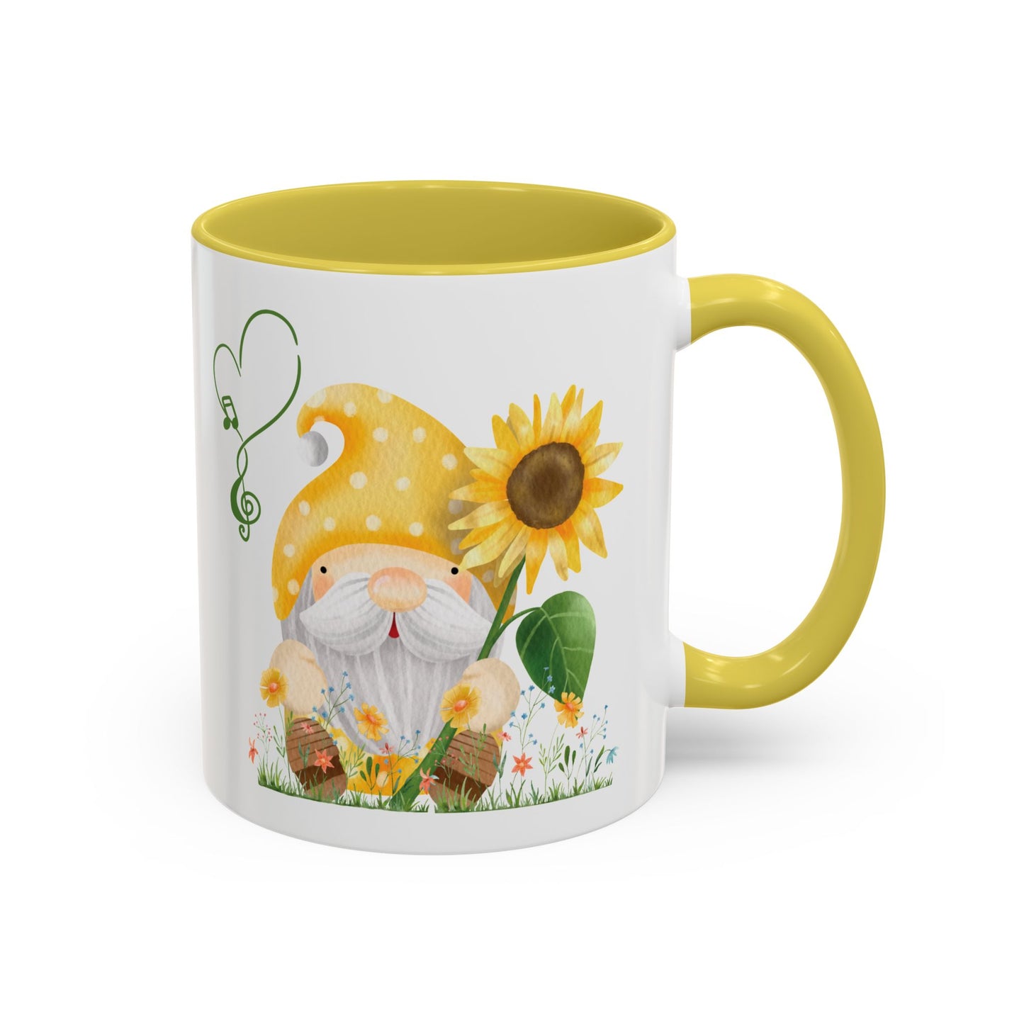 Mystical gnome sunflower yellow mug on a wooden porch with garden views