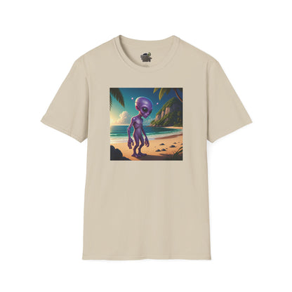Alien at beach on a white unisex t-shirt graphic
