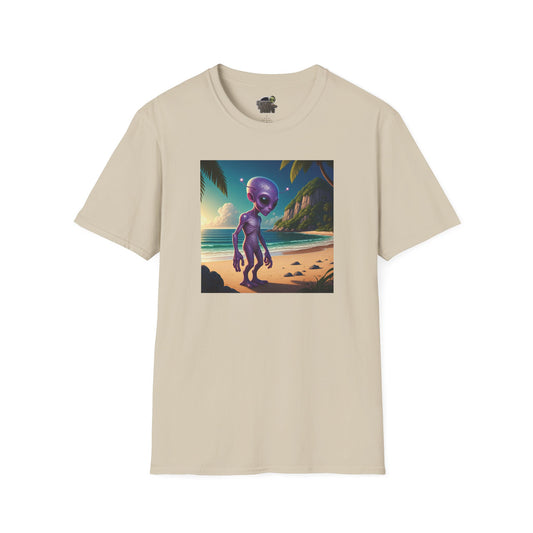 Alien at beach on a white unisex t-shirt graphic