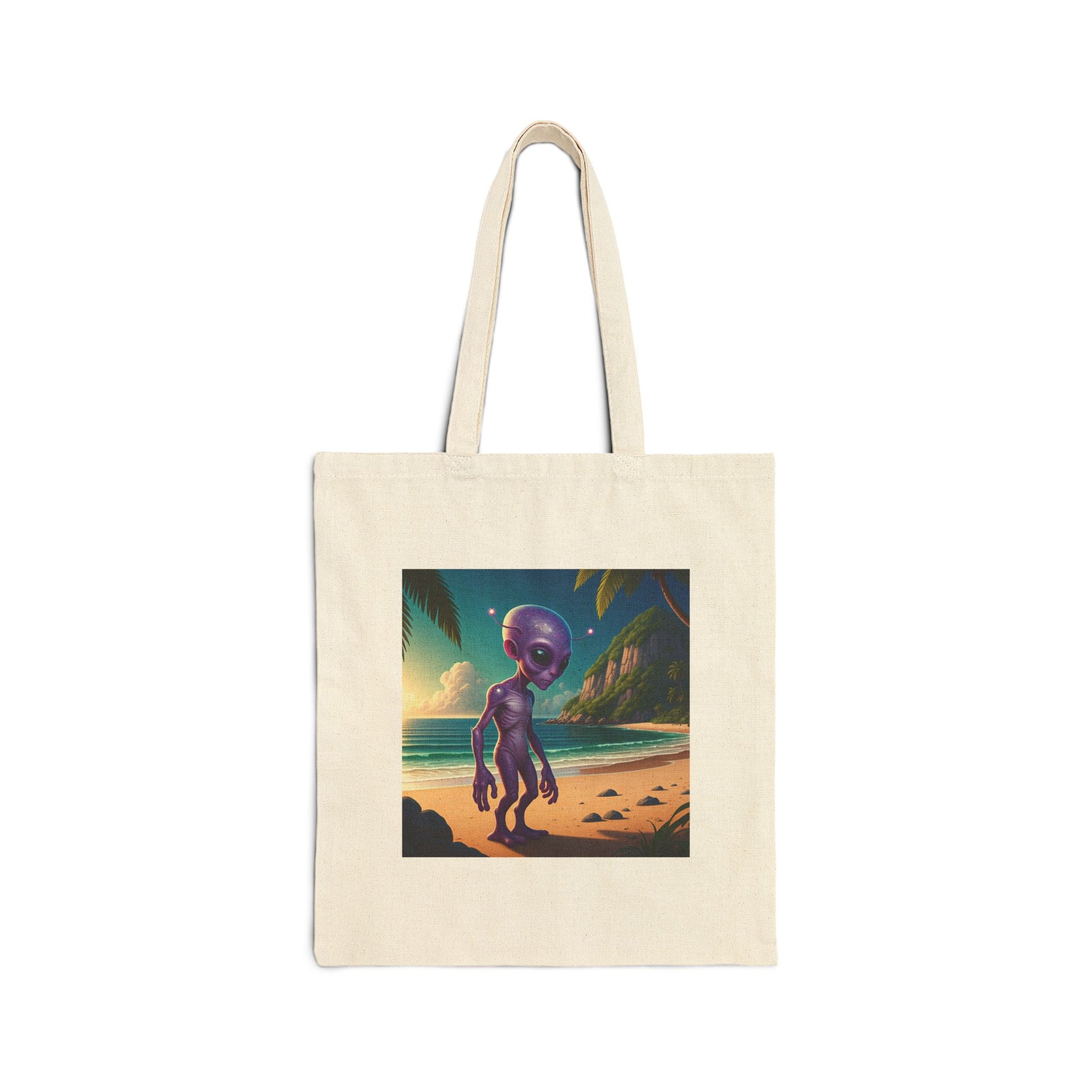 Alien at Beach Natural  Tote Bag with unique graphic of an alien walking on a Sunny beach