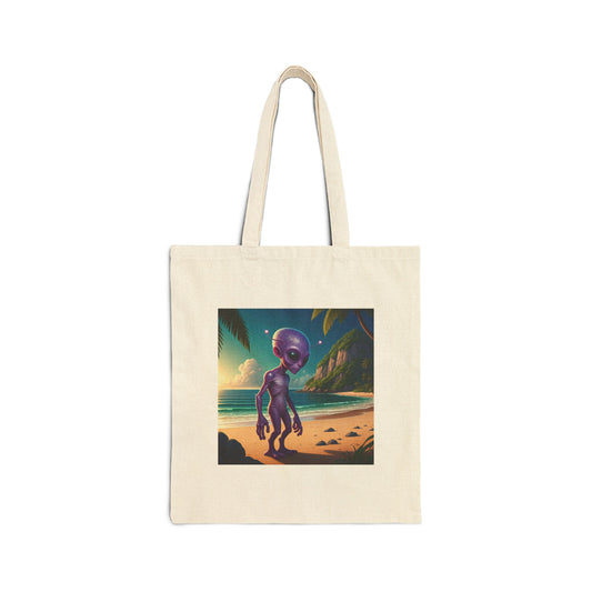 Alien at Beach Natural  Tote Bag with unique graphic of an alien walking on a Sunny beach