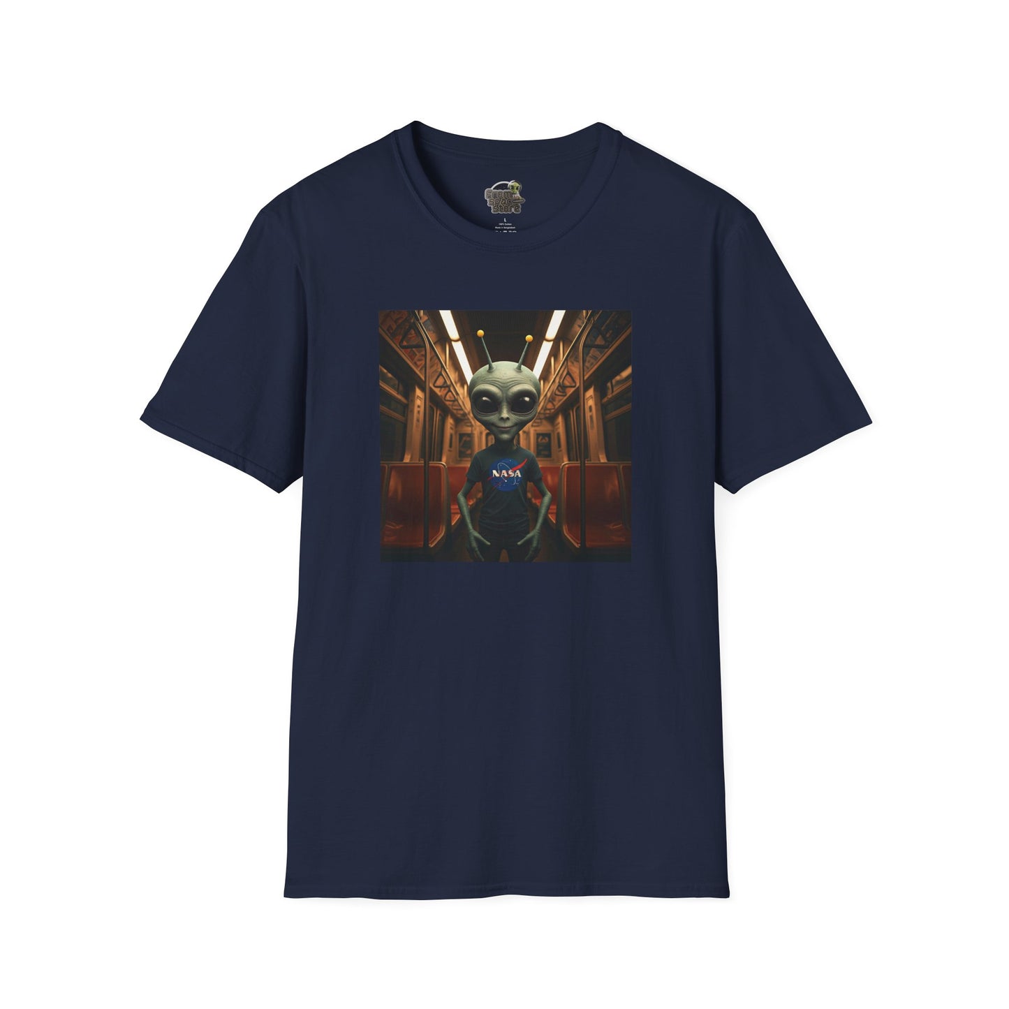 navy Unisex alien in subway T-shirt: funny and modern graphic tee