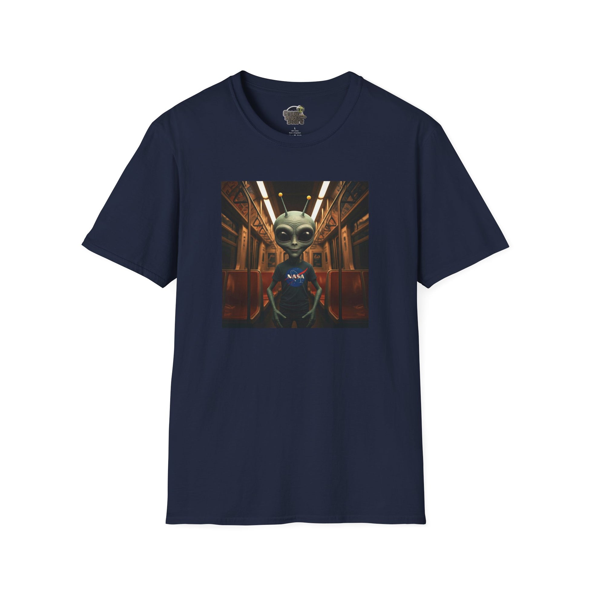 navy Unisex alien in subway T-shirt: funny and modern graphic tee