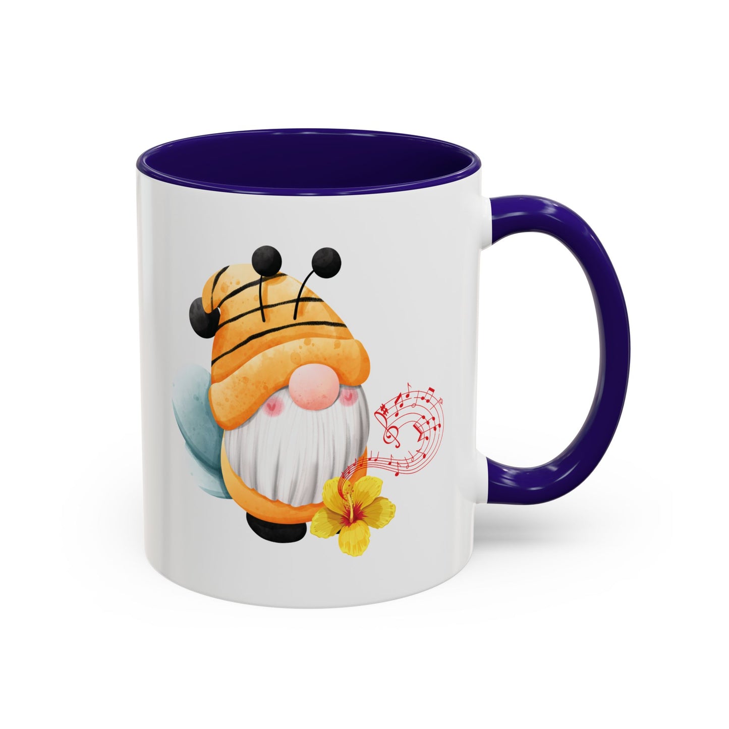 navy mug with navy c-handle with a cartoon bee gnome design 
