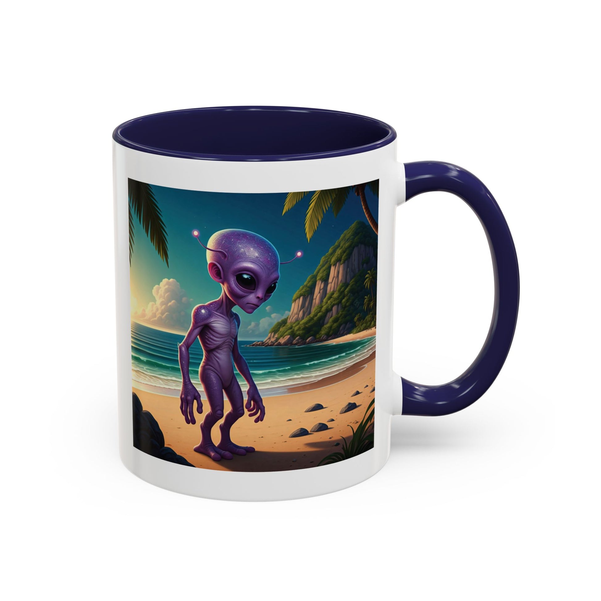 Alien enjoying the beach on a navy inside novelty mug