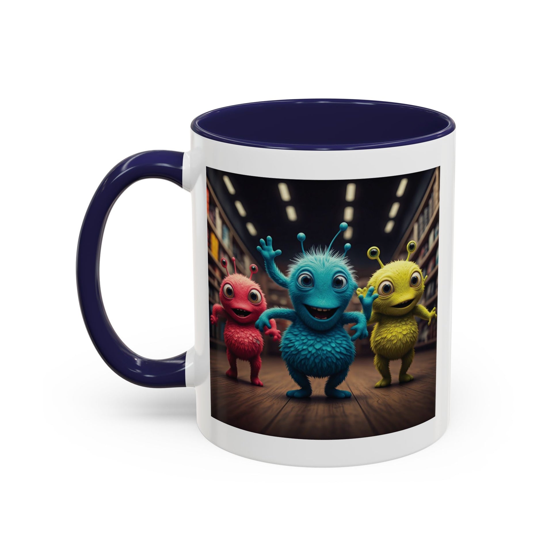 Aliens dancing at a disco on a navy mug