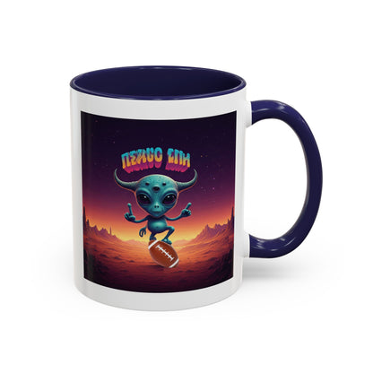 Alien playing football (rugby) on a unique navy mug