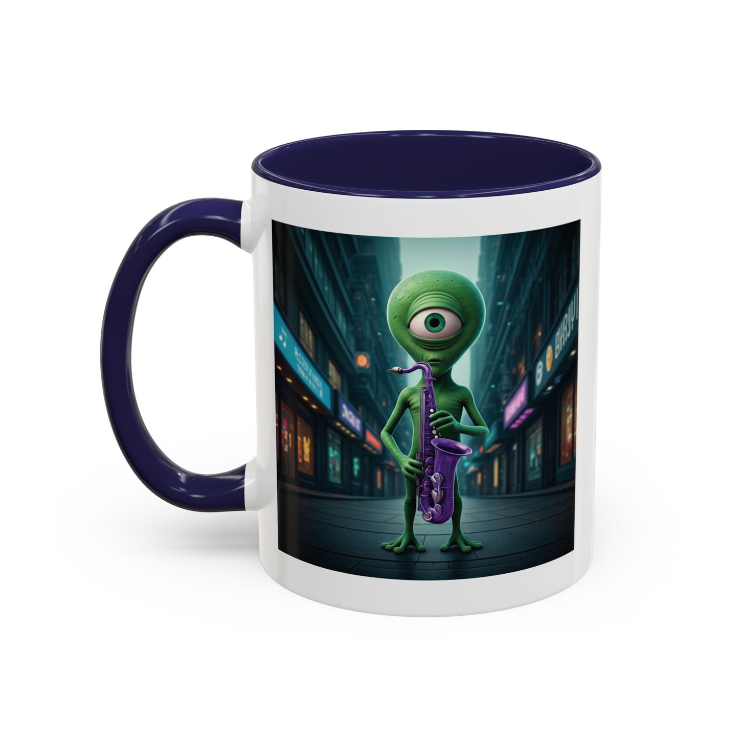 Alien sax player on a navy mug