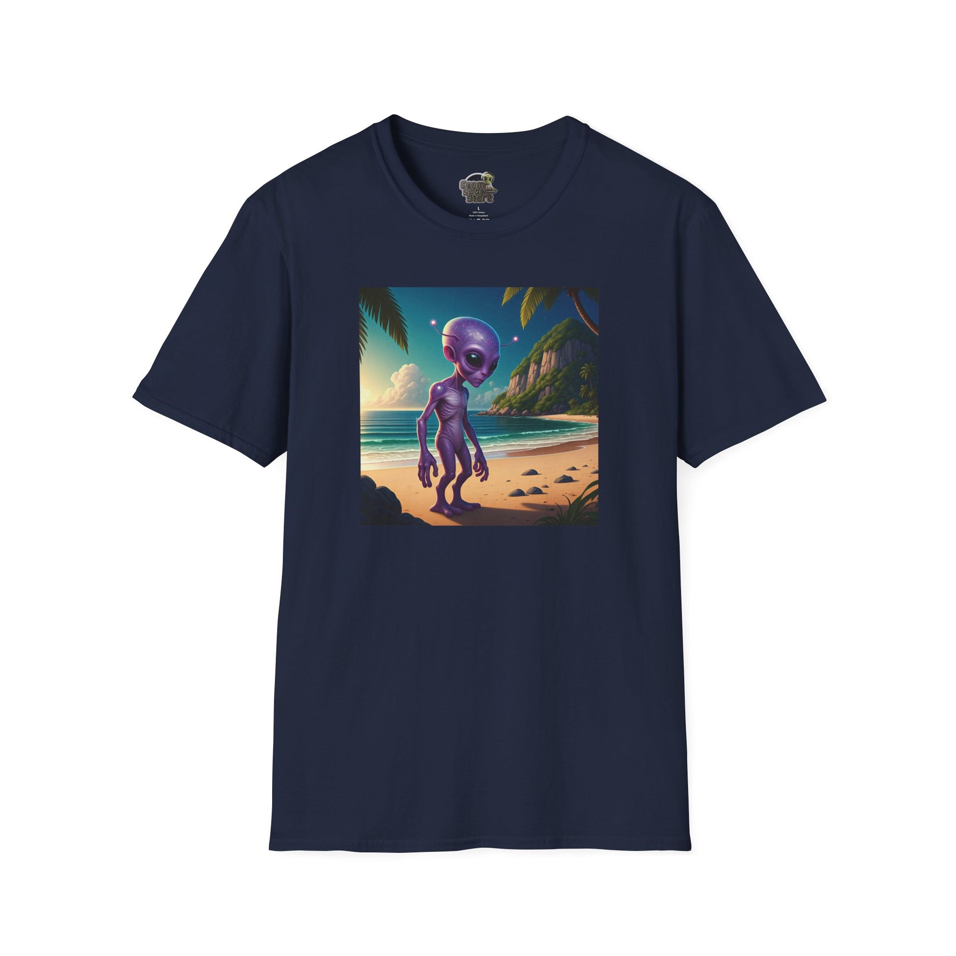 Alien at beach on a navy unisex t-shirt graphic
