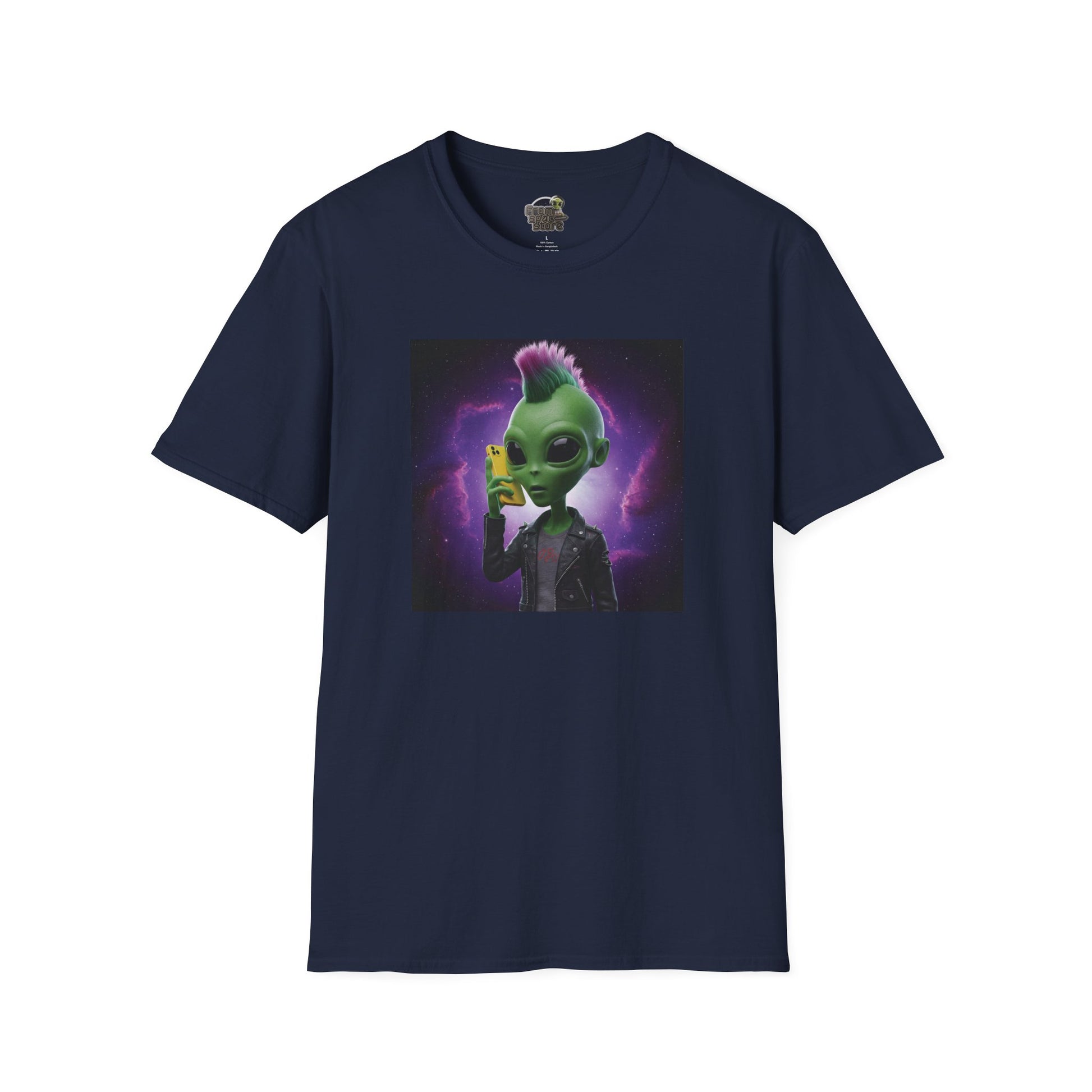 Navy Unisex alien punk t-shirt with mobile phone