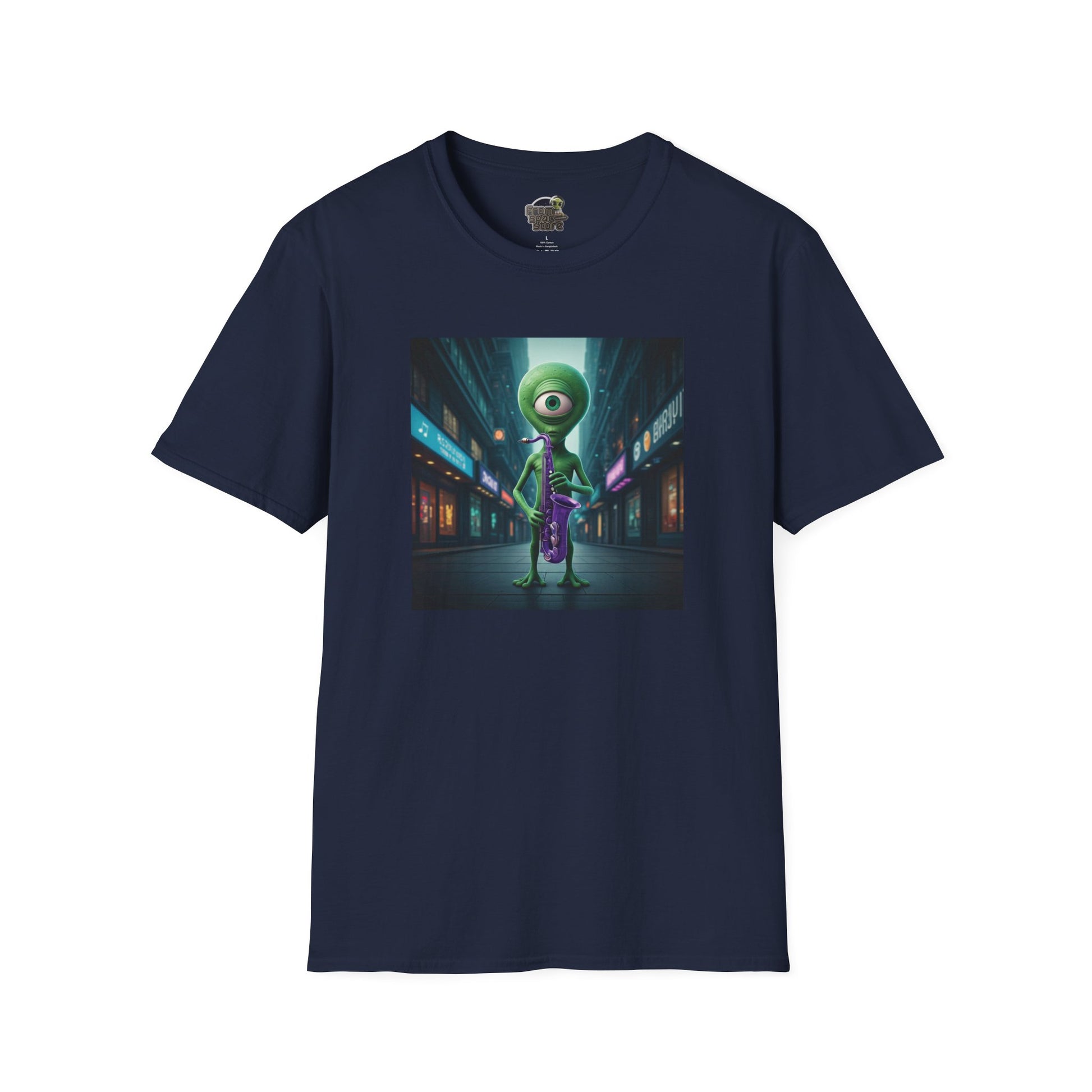 Navy Unisex t-shirt alien playing saxophone in city night