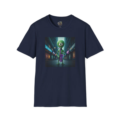 Navy Unisex t-shirt alien playing saxophone in city night