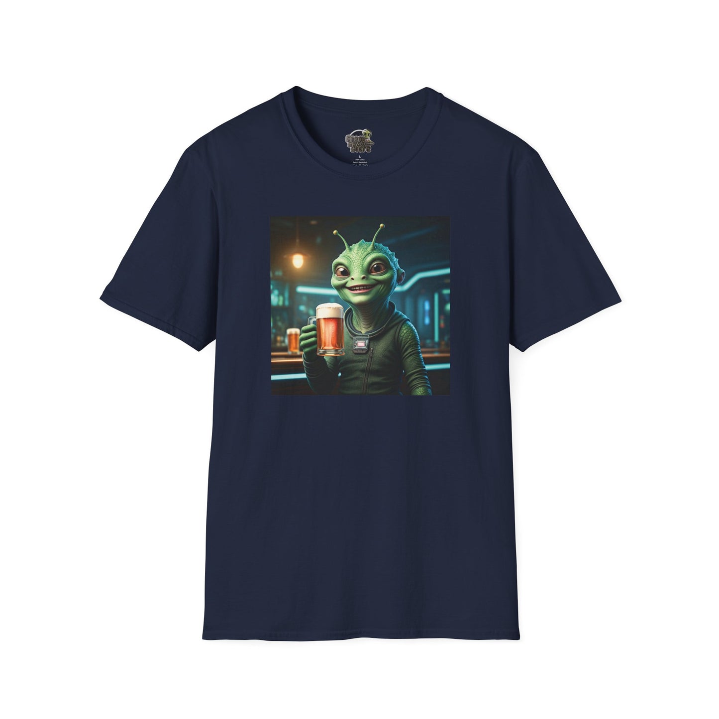 Navy Unisex alien woman t-shirt with Beer at the pub