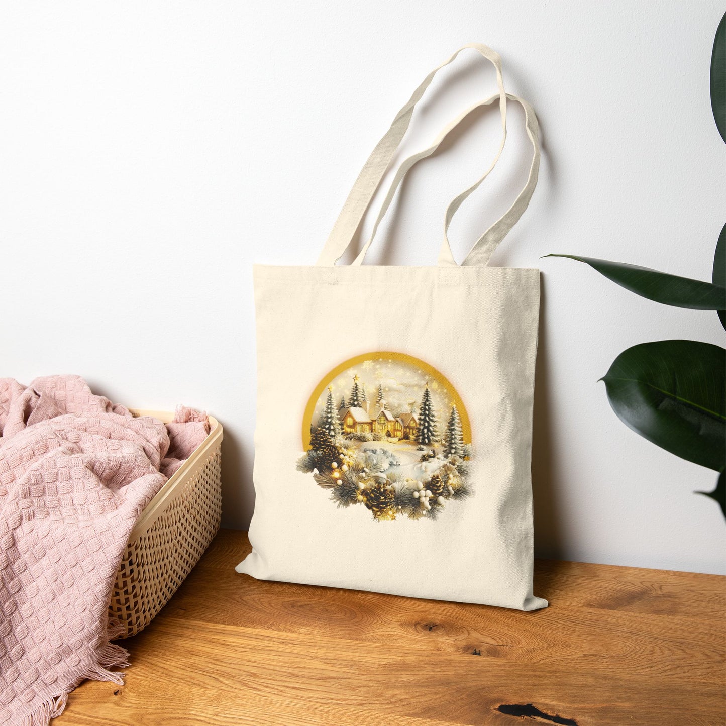 Natural Christmas canvas tote bag featuring a circular vintage illustration of the North Pole town in winter.