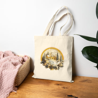 Natural Christmas canvas tote bag featuring a circular vintage illustration of the North Pole town in winter.