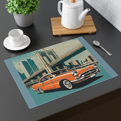 Orange 1950s Chevrolet Bel Air parked in front of the Brooklyn Bridge on a cotton placemat.