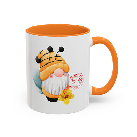 Orange mug with orange c-handle with a cartoon bee gnome design 