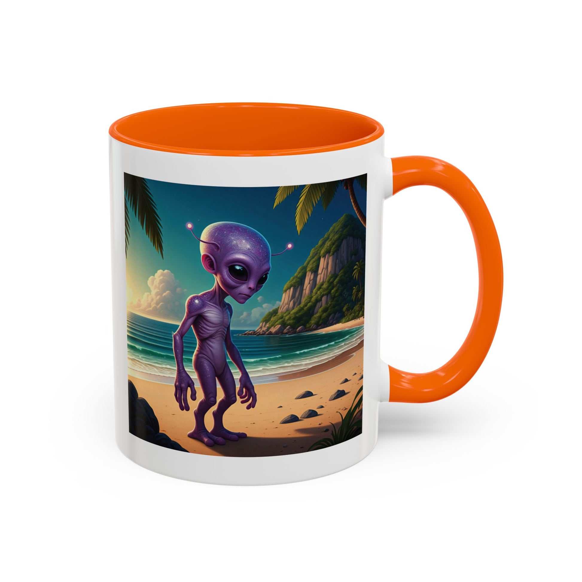 Alien enjoying the beach on a orange inside novelty mug