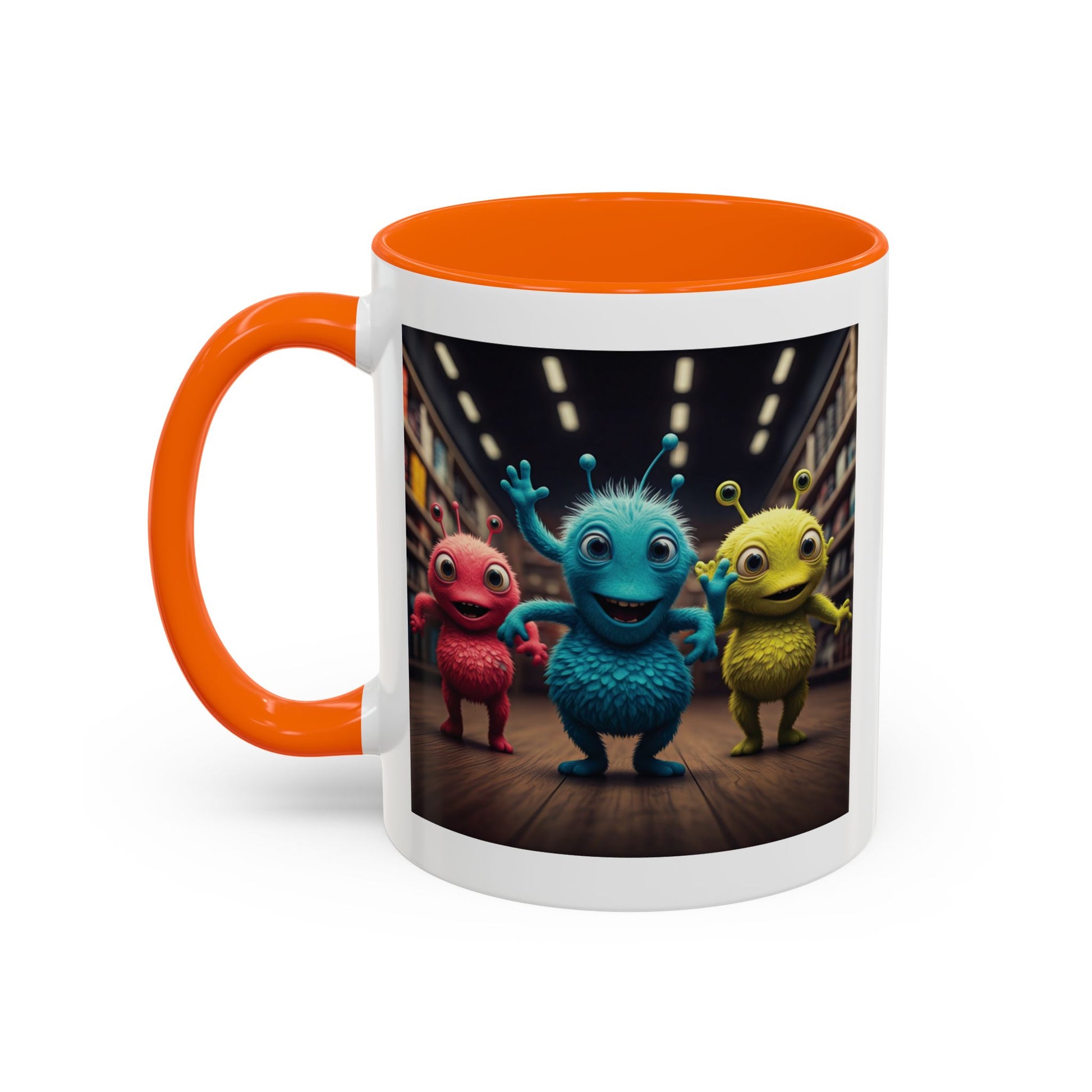 Aliens dancing at a disco on a orange mug