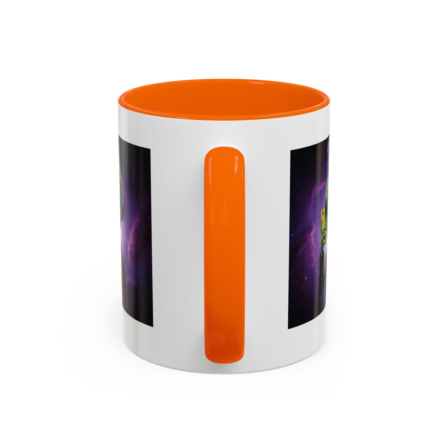 Alien punk with mobile phone orange mug, c-handle detail view