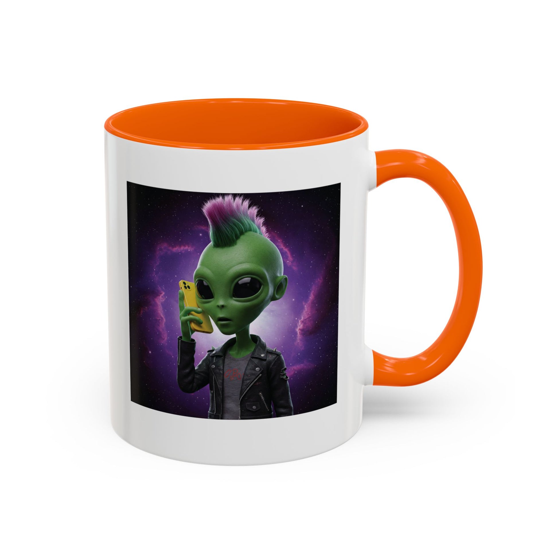 Alien punk with mobile phone orange mug
