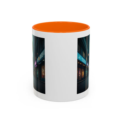 Alien sax player on a orange mug, back view