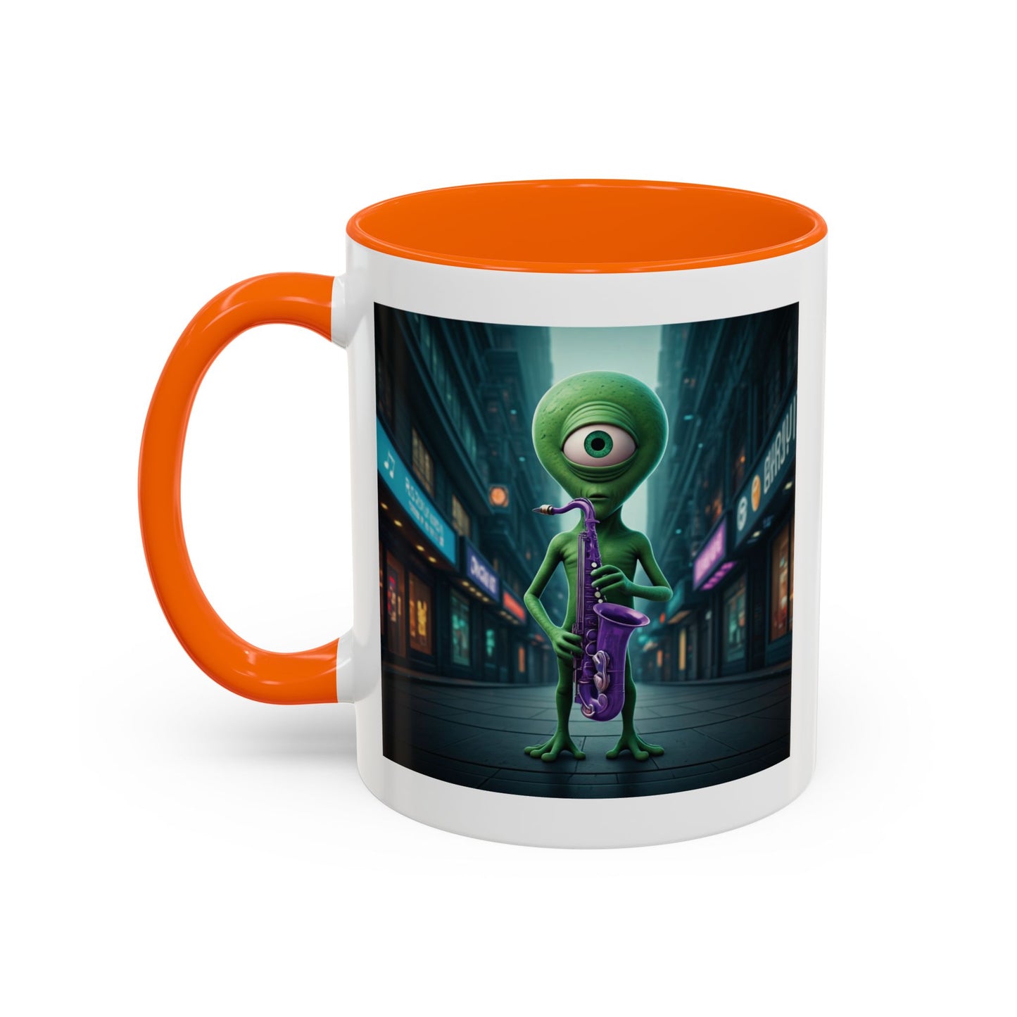 Alien sax player on a orange mug, Left chandle view