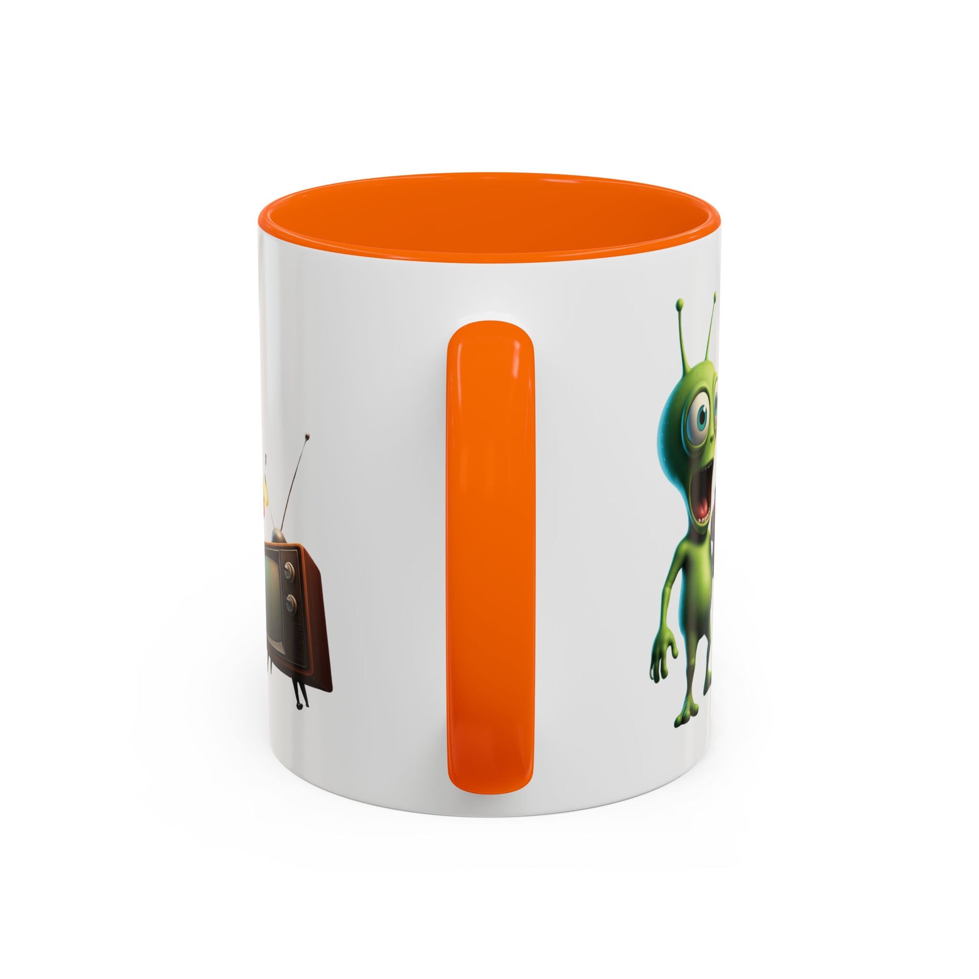 Alien tv zapping orange colored inside mug, c-handle detail