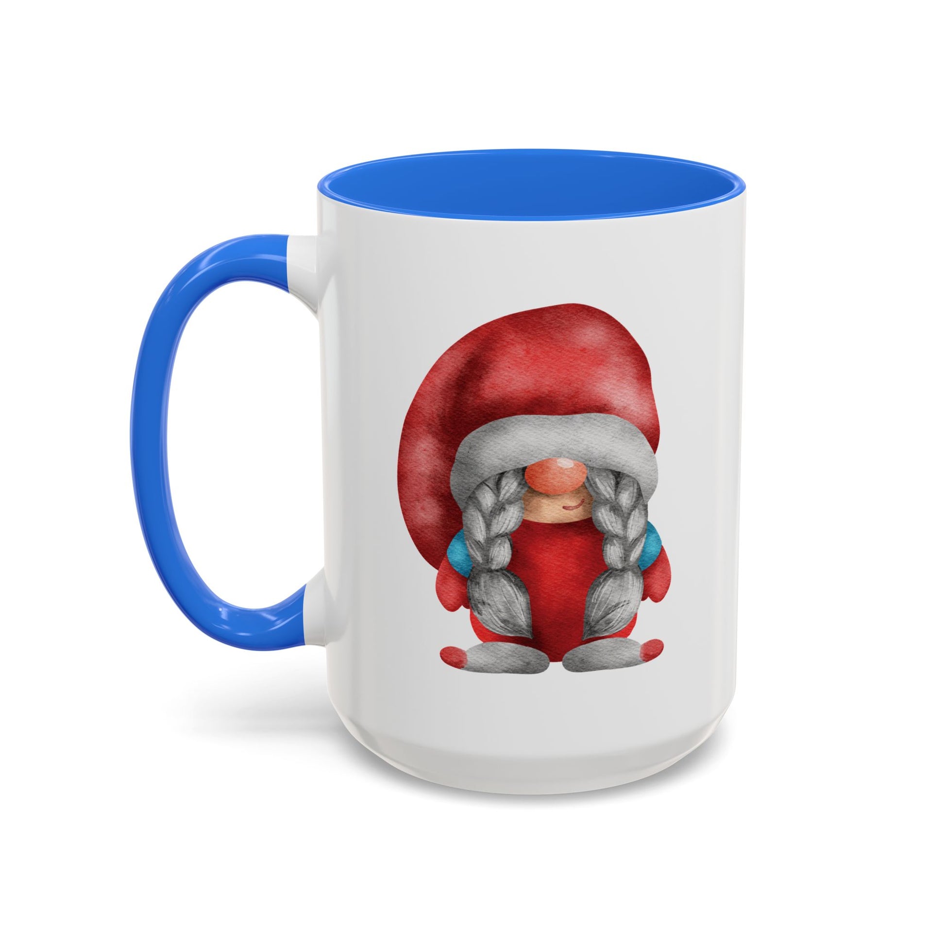 Red gnome light blue mug with braids next to a cozy knit sweater and a book)