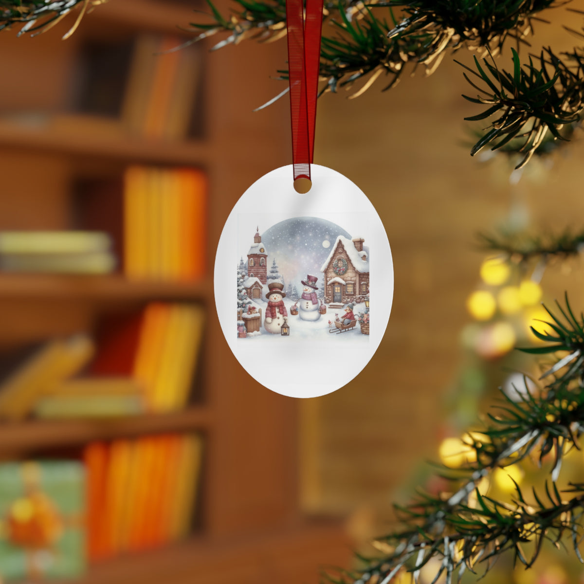 Oval Christmas tree ornament featuring a vintage snowy village and snowmen artwork displayed on an evergreen branch for rustic holiday tree decor.