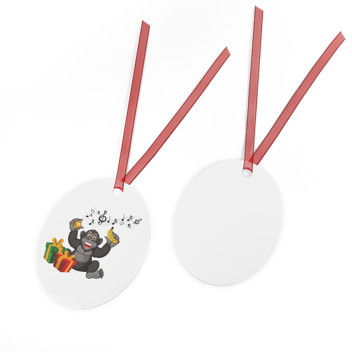 Front and back view of an oval ceramic Christmas ornament with a playful gorilla and music notes design for unique Christmas tree styling.