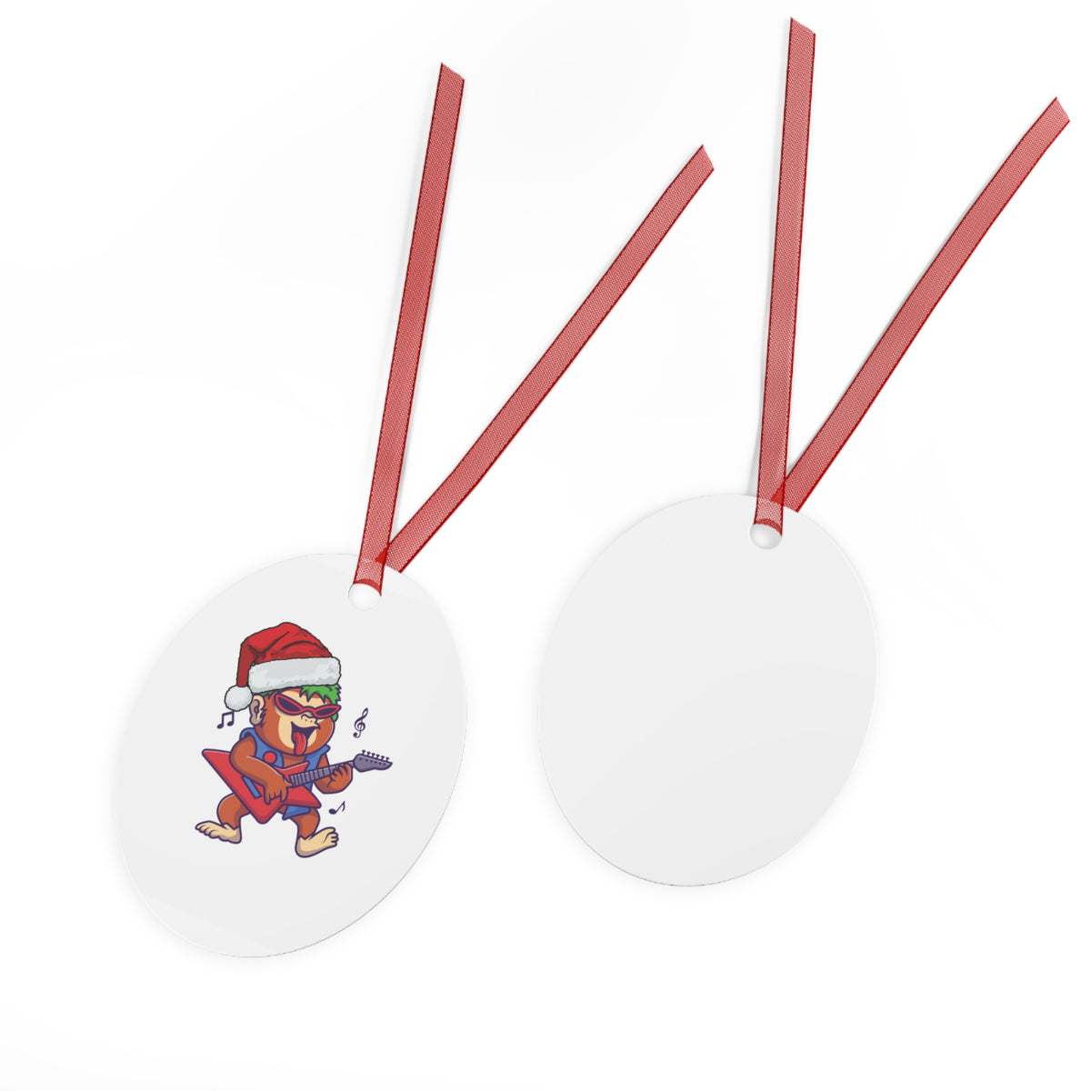 Front and back view of an oval ceramic Christmas ornament with a cool guitar playing gorilla artwork and red hanging cord for unique rock music tree styling.