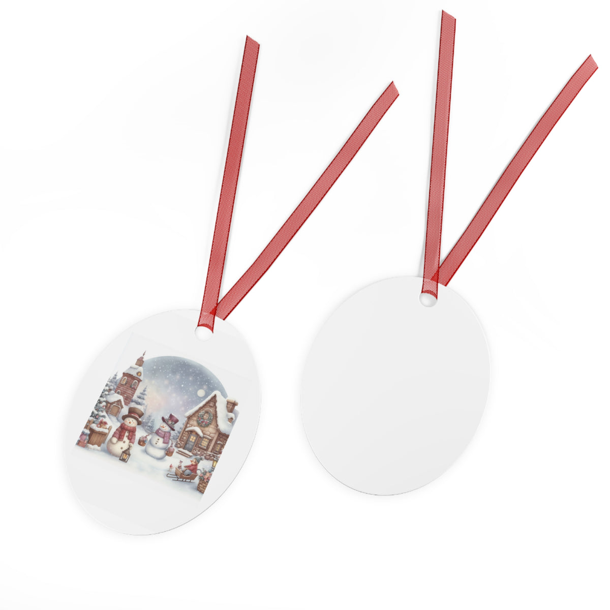 Front and back view of an oval ceramic Christmas ornament with a festive winter village scene, ideal keepsake gift for cozy farmhouse holiday styling.