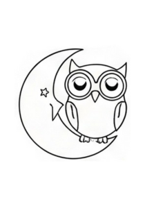 illustration of an owl on a crescent moon with a star to color, kids 5-8 years