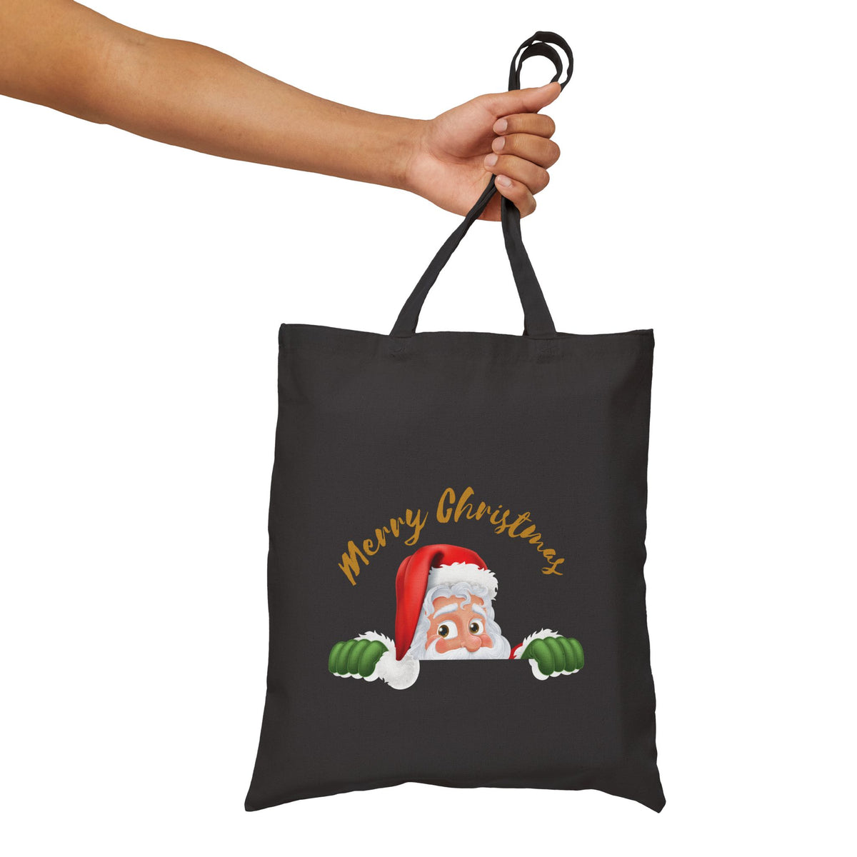 Black canvas tote bag with cute peeking santa claus illustration and merry christmas text for holiday grocery shopping